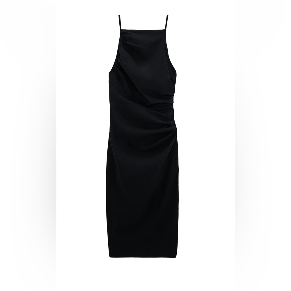 Black Drapped Sleeveless Midi Dress